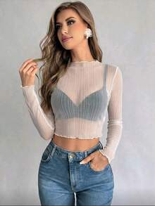 Áo kiểu dáng thanh lịch, phối lưới, chất liệu chiffon mỏng nhẹ, thích hợp cho kỳ nghỉ biển, viền bèo nhún, tay dài, thoáng mát, chống nắng, phù hợp cho mọi mùa. - Màu be - Xem 3