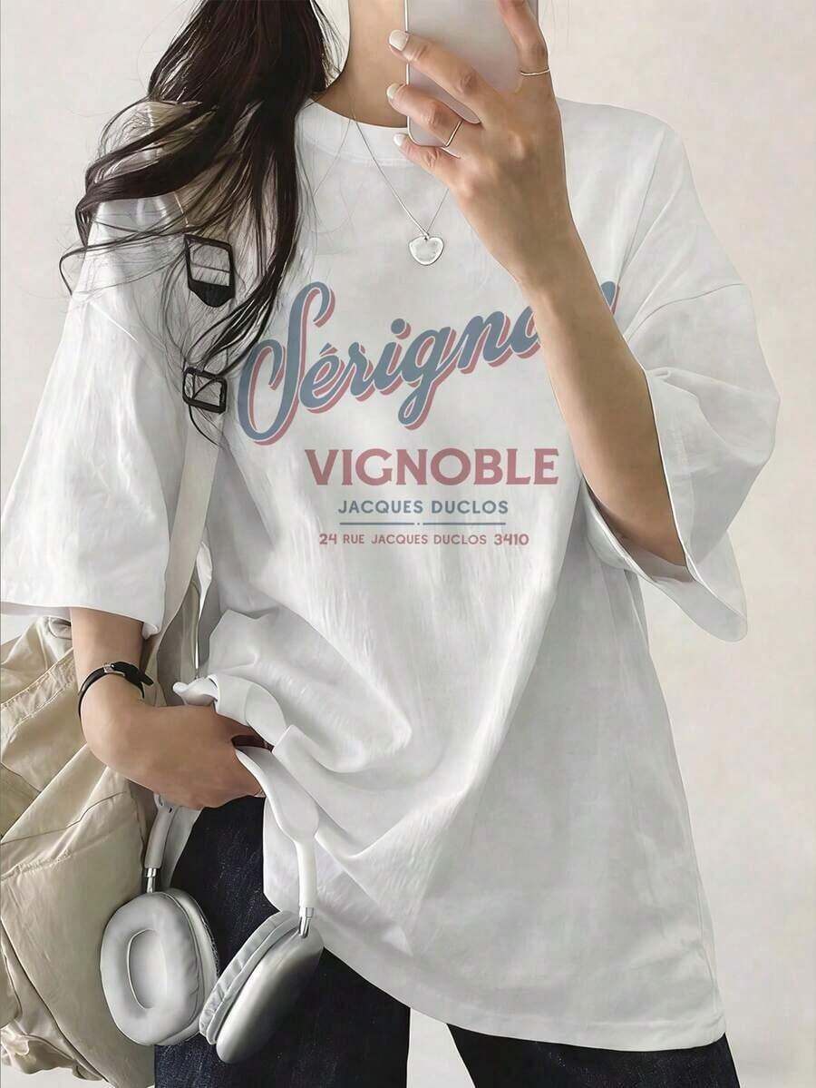 Camiseta de manga corta para mujer, cuello redondo, corte holgado, estampado de letras y dibujos animados, estilo japonés, primavera/verano, color blanco. - Blanco - Ver 1