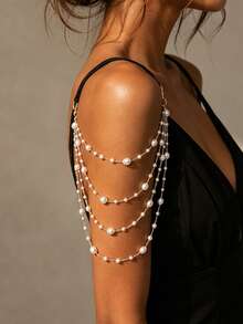 1pc Multi-Layer Pearl Shoulder Chain, European And American Fashion Evening Party Dress, Lingerie Accessory, Vintage Bridal Wedding Accessory Body Chain - Pearl - View 2