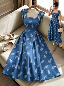 Nuevo vestido midi elegante de mujer con tirantes de lazo, sin mangas, de tela tejida y estampada, para uso diario y vacaciones - Multicolor - Ver 1