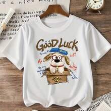 Gift T-Shirt For Dog Lovers, Casual Cotton T-Shirt With Good Luck Print For Boys And Girls, Harajuku Hip Hop T-Shirt, Y2K Short Sleeve T-Shirts - 白色 - 查看 1