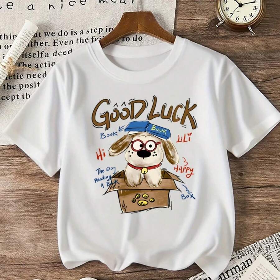 Gift T-Shirt For Dog Lovers, Casual Cotton T-Shirt With Good Luck Print For Boys And Girls, Harajuku Hip Hop T-Shirt, Y2K Short Sleeve T-Shirts - 白色 - 查看 1
