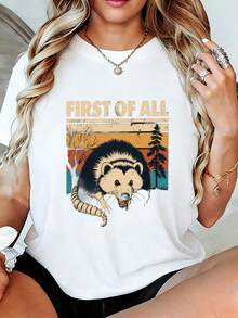 Women's Vintage Raccoon Print T-Shirt - Women's Retro Style Loose Fit T-Shirt, Soft Casual Top, With Distressed Letter Prints And Landscapes, A Great Choice For Breathable Summer Tops For Women. - 白色 - 查看 12