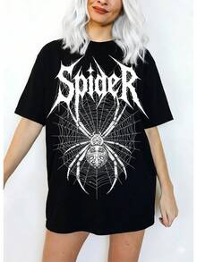 Retro-Punk Urban Style Casual T-Shirt. Retro Spider Print T-Shirt: Spiderweb Design, Plus Size. Women's Shirts, Women's Sweatshirts, Women's Casual Summer Sweater Blouse, Prom Dresses - 黑色 - 查看 1
