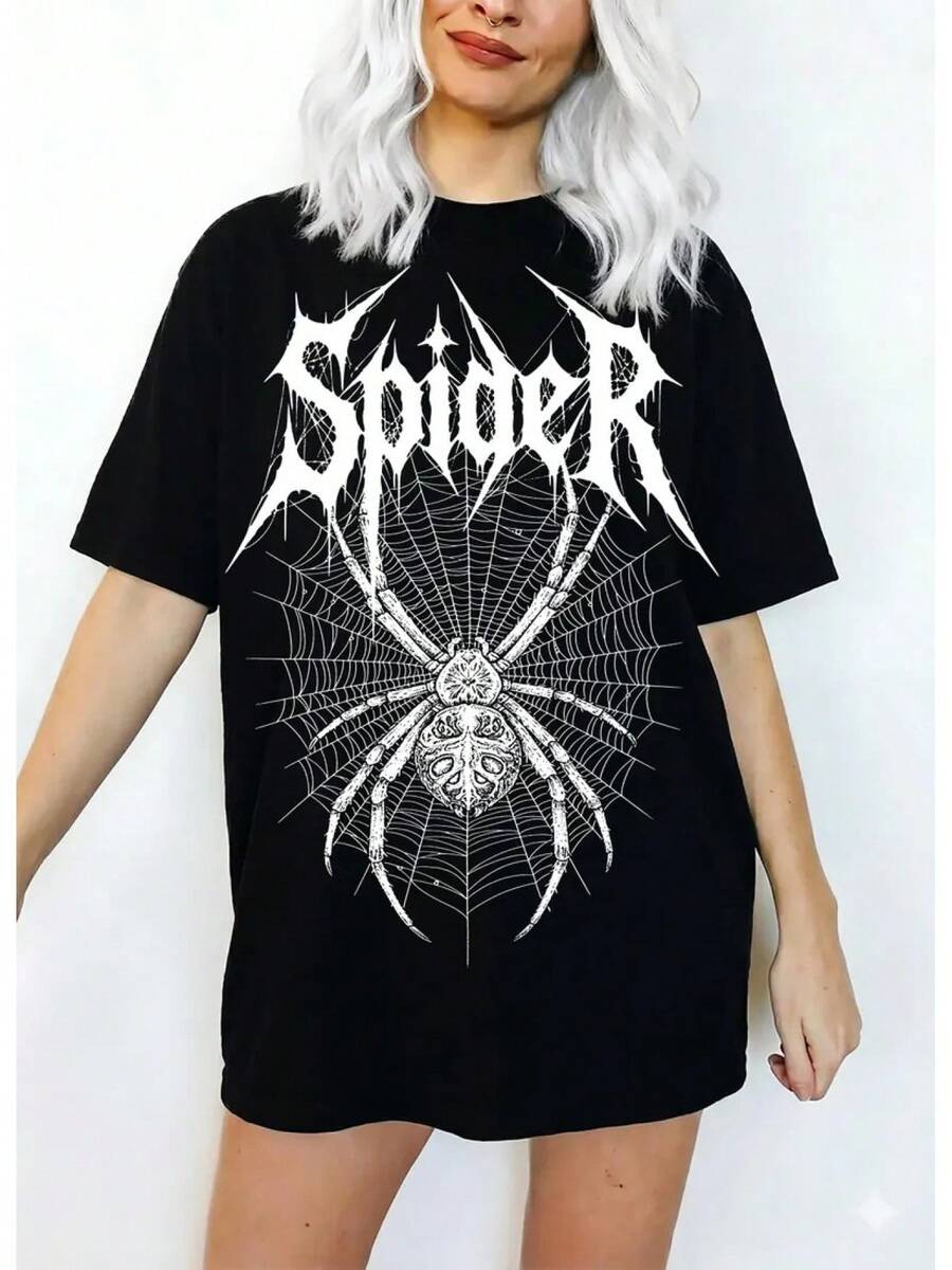 Retro-Punk Urban Style Casual T-Shirt. Retro Spider Print T-Shirt: Spiderweb Design, Plus Size. Women's Shirts, Women's Sweatshirts, Women's Casual Summer Sweater Blouse, Prom Dresses - 黑色 - 查看 1