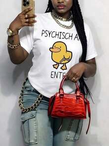 Women's Casual Loose Fit T-Shirt With Fun And Novelty Graphic Print Of A Duck With A Handbag, Fade Resistant, Versatile, Suitable For Everyday And Sports Wear, Ideal Gift Option, 100% Cotton - 白色 - 查看 6
