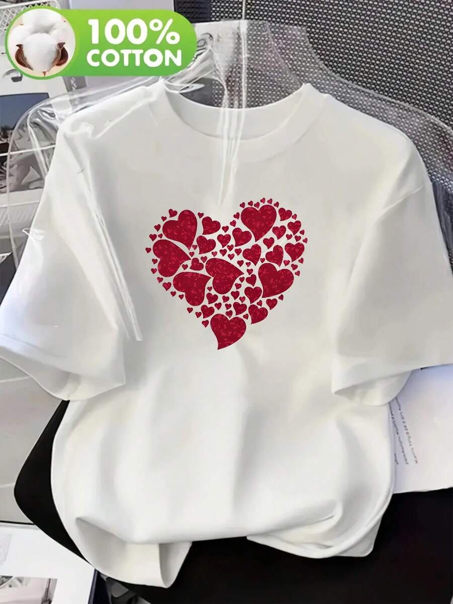 Nueva Colección Primavera Verano: Camiseta de Manga Corta con Cuello Redondo y Estampado de Corazón Rojo para Mujer de Talla Grande 100% Pura, Ropa de Mujer de Alta Calidad para Estar en Casa