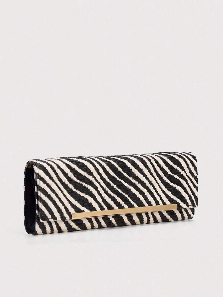 Zebra Print Straw Clutch, Striped Woven Long Wallet, Elegant Party & Daily Clutch Z6XO - 卡其色 - 查看 1