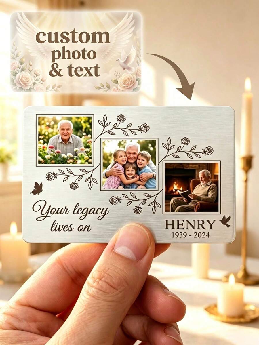 1pc Custom Commemorative 3-Photo Aluminum Wallet Insert Card, Personalized Memorial Keepsake With Deceased's Name And Date, Customizable Sympathy Gift With Floral And Angel Elements - Silver - View 1