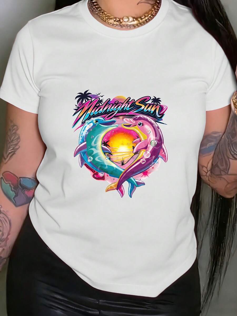 Limited Time Offer, Limited Quantities, Flash ! Women's Casual Shirts, Women's Polyester T-Shirts, Stylish Shirts. Dolphin And Midnight Sun Print T-Shirt, Casual Short-Sleeve Crew Neck T-Shirt, Ideal For Spring And Summer, Women's Clothing. - 白色 - 查看 1