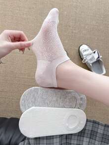 1/5/10雙女款白色與黑色春/夏韓式愛心與花卉圖案低筒船襪，薄款舒適隱形短襪（隨機顏色） - 彩色 - 查看 6