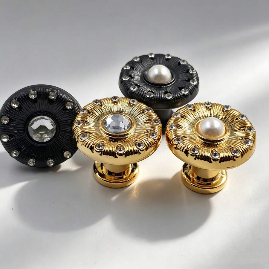 4PCS French Vintage Cabinet Knob, Inlaid Pearl & Rhinestone Drawer Pull, Decorative Furniture Door Handle For Dressing Table, Wardrobe Door, Home Hardware Decor - A - View 1
