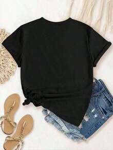 New Fashionable Women's Crew Neck T-Shirt, Modern And Minimalist Style. New Women's Printed Cotton Short Sleeve T-Shirt, Suitable For All Seasons. Perfect For Outdoor Activities, Lounging At Home, Sports, And As A Gift. Women's Beach Set And Summer Top. Versatile, Casual Design, Ready For Summer. - 黑色 - 查看 3