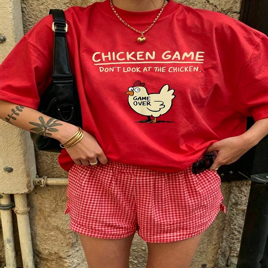Cute Daily Casual Graphic T-Shirt 100% Cotton Oversized Soft Breathable Casual Crewneck Short Sleeve Top Aesthetic Daily Fashion Lovers Casual Wearers Basic Vintage Minimalist Street Style Gift Givers - 紅色 - 查看 1