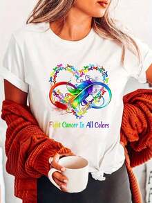 Women's T-Shirt "Cancer Sucks" - Short Sleeve, Round Neck, Casual Style With Cancer Ribbon, Semi-Transparent For Daily Wear, Charity And Outfits, Machine Washable (Chinese Name And Heading "Cancer Sucks") - 白色 - 查看 1