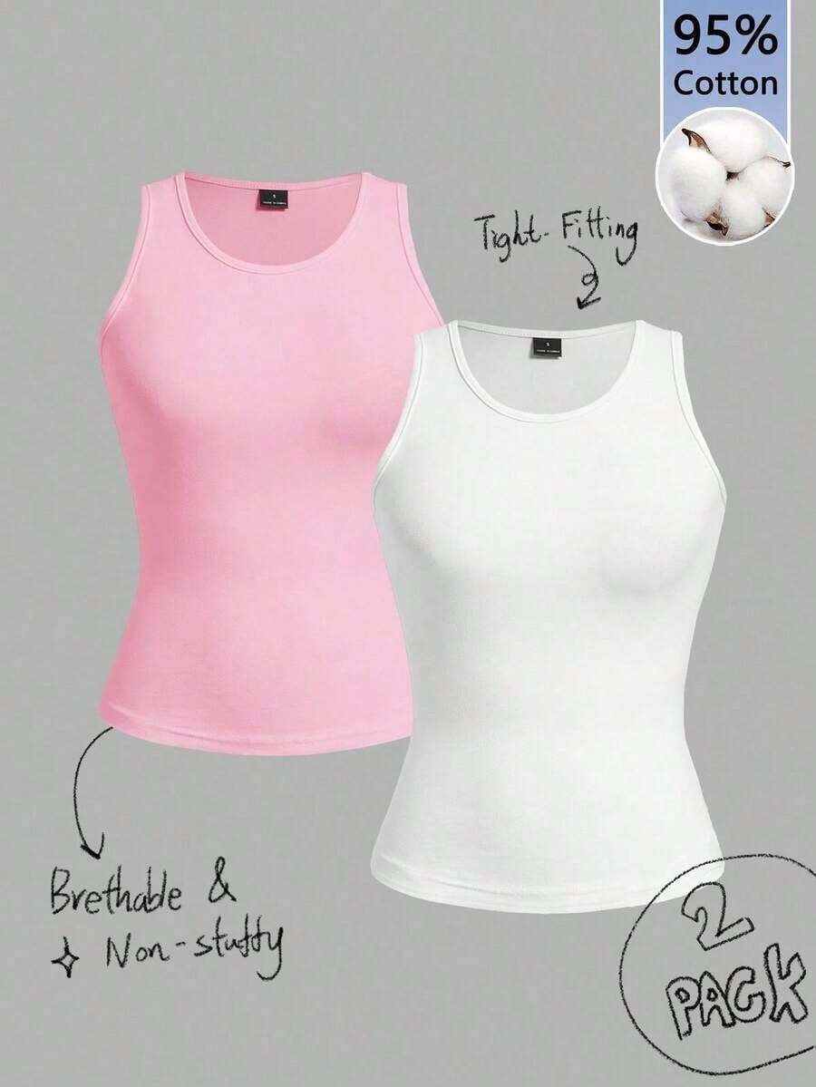 2 piezas de camiseta de tirantes de mujer de ajuste ceñido con estampado minimalista de letras de California en negro y blanco - 95% algodón, para primavera y verano, uso en todas las estaciones, vuelta al colegio, ropa de casa y deporte, estilo re - Multicolor 2 - Ver 1