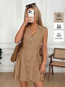 Vestido mini casual de verano para mujer con botones frontales y rayas en la cintura sin mangas - Caqui - Ver 3