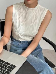 Blusas de tirantes de cuello alto de verano de tela con textura uniforme, casuales pero elegantes - Beis - Ver 5