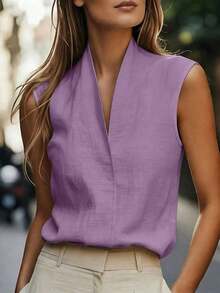 Camiseta sin mangas casual/de trabajo para mujer, estilo europeo y americano, ropa de ocio elegante en beige, azul, rosa, verde para el verano - Morado Violeta - Ver 3
