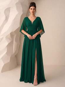 Đầm phù dâu chiffon tay cánh bướm xẻ đùi, đầm thanh lịch, đầm cưới, đầm sinh nhật cho nữ, đầm tốt nghiệp, đầm dạ hội mùa xuân - Màu xanh lá cây đậm - Xem 5
