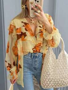 Camisa casual con botones, con volantes, estampado floral diminuto y decoración de perlas, ideal para primavera y vacaciones - Naranja - Ver 4