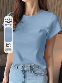 Camiseta básica de mujer de cuello redondo y manga corta, de unicolor, para primavera/verano, de estilo casual de negocios para el Día de Pascua - Celeste - Ver 1