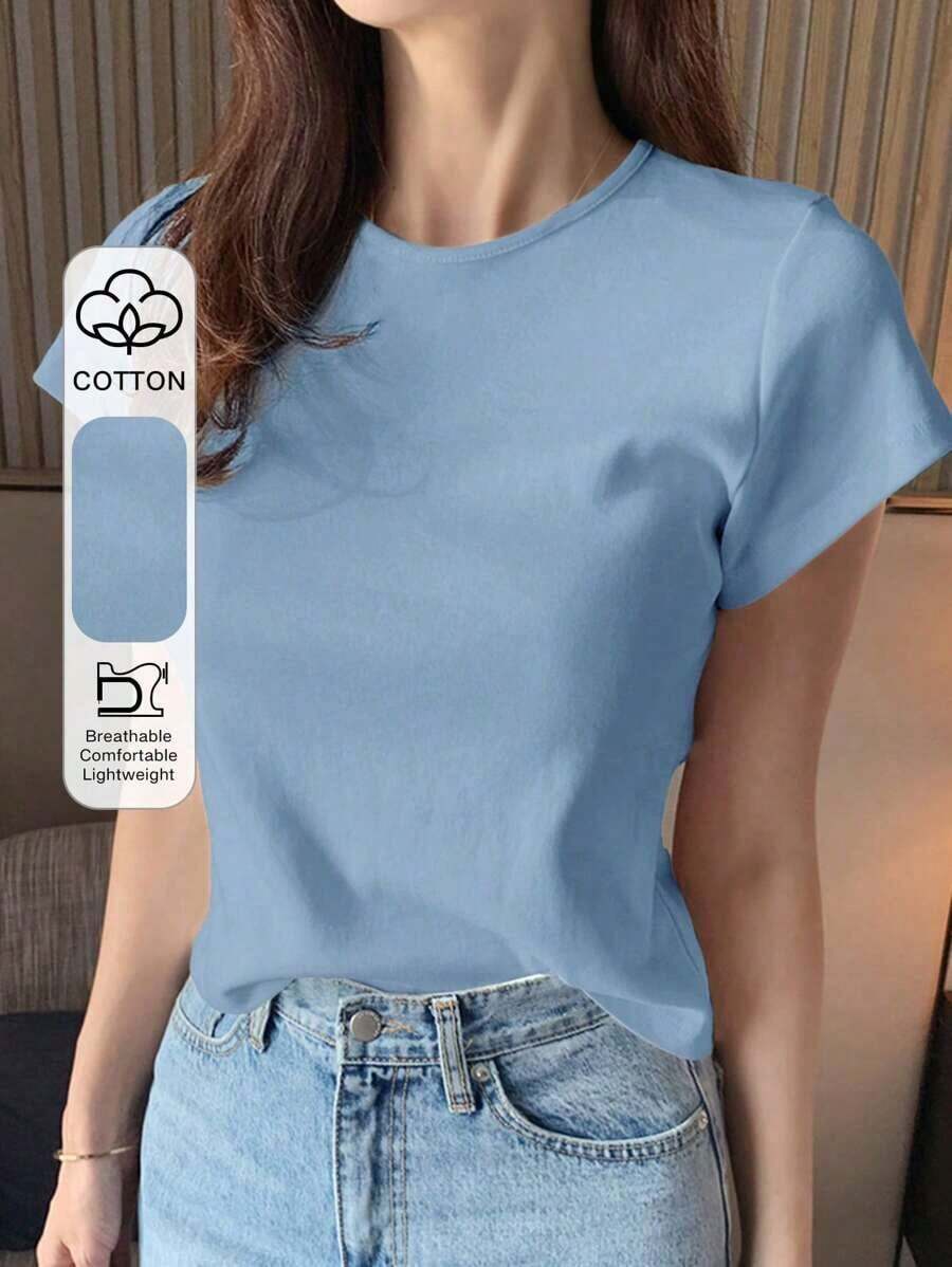 Camiseta básica de mujer de cuello redondo y manga corta, de unicolor, para primavera/verano, de estilo casual de negocios para el Día de Pascua - Celeste - Ver 1