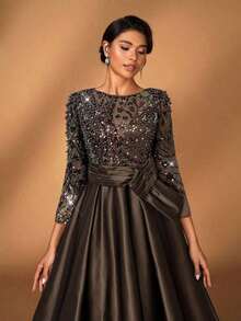 y lujoso vestido de manga larga transparente con bordado de encaje floral, con perlas y lazo con diamantes, con vuelo.Adecuado para boda, fiesta, vacaciones, baile de graduación, vestido de noche para novia, madre de la novia - Café integral - Ver 6