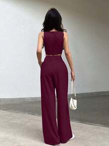 Set de 2 piezas para mujer, top corto de un solo pecho liso y pantalones - Rojo violeta - Ver 2
