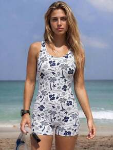 Traje de baño de una pieza con estampado floral retro y bloques de color con diseño sin espalda, de moda para el verano - Multicolor 2 - Ver 5