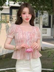 Blusa de verano con volantes y estampado todo sobre, ropa de otoño - Rosa - Ver 6
