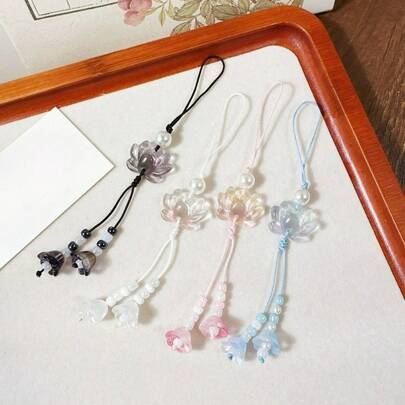 Lily Of The Valley & Lotus Bead Phone Strap – Clear Beaded Daily Phone Chain, Elegant Bag Charm & Hanging Pendant For Accessories