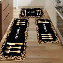 Luxury Golden Cutlery Pattern Kitchen Rug - Black Non-Slip Washable Floor Mat With Gold Floral Border, Decorative Long Runner Rug For Kitchen Countertop, Entryway, Dining Room, Perfect For Home D - Multicolor - View 4