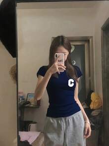 Short-Sleeved T-Shirt, Short-Sleeved T-Shirt, Women's Cartoon Print Crop Top, Women's Short-Sleeved T-Shirt, High-Elasticity Top #T274 - 海軍藍 - 查看 4