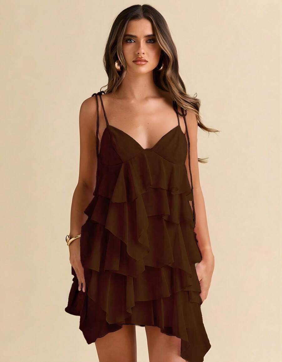 Women's Short Dress With Layered Ruffles, Thin Straps, V-Neck, Summer Fashion - Rust Brown - View 1