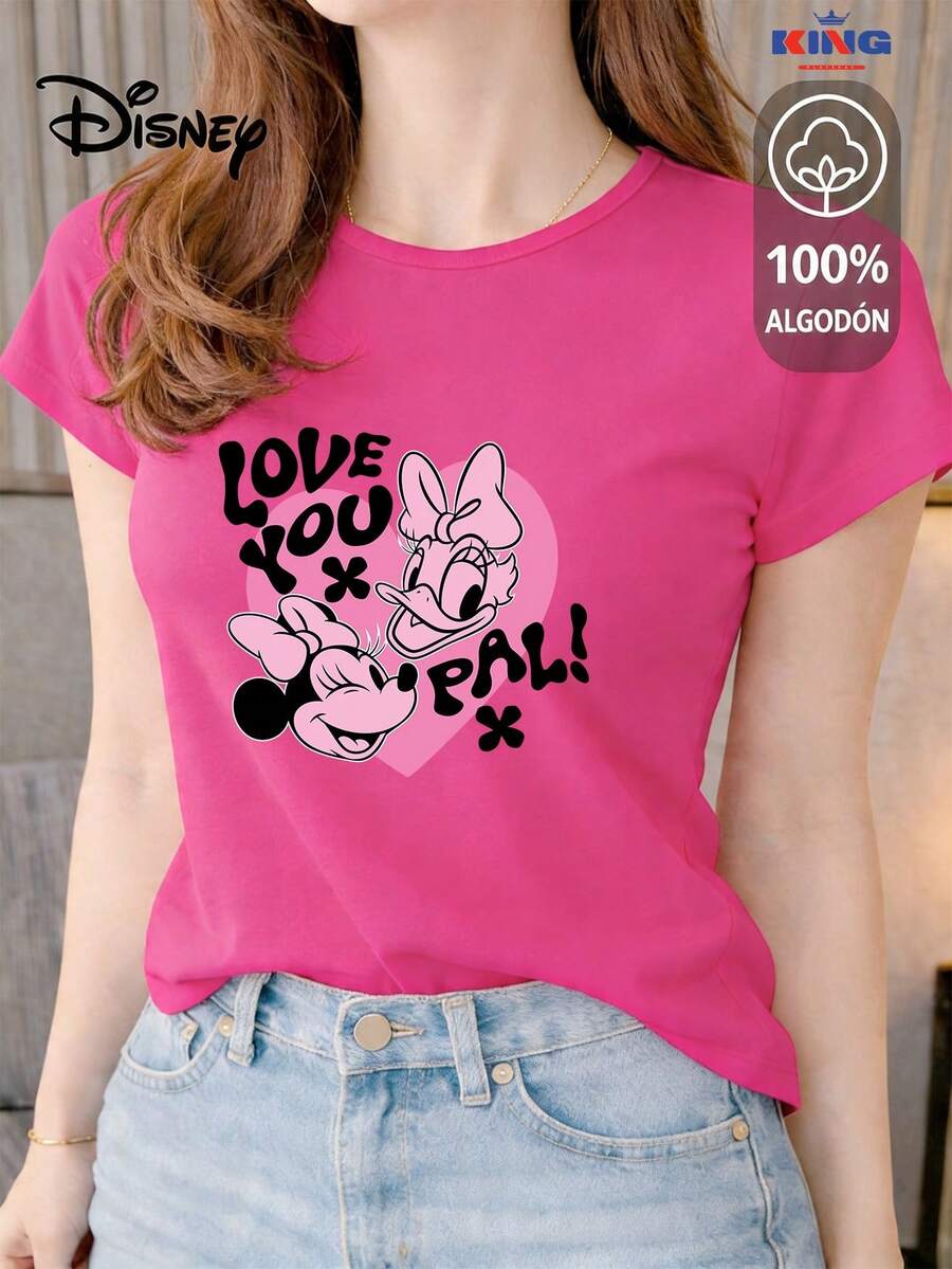 Women's T-Shirt Made Of 100% High-Quality Cotton, This T-Shirt Guarantees Exceptional Softness To The Touch, Round Neck With "Disney Minnie & Daisy Love You Pal" Print And Short Sleeves - 玫紅色 - 查看 1