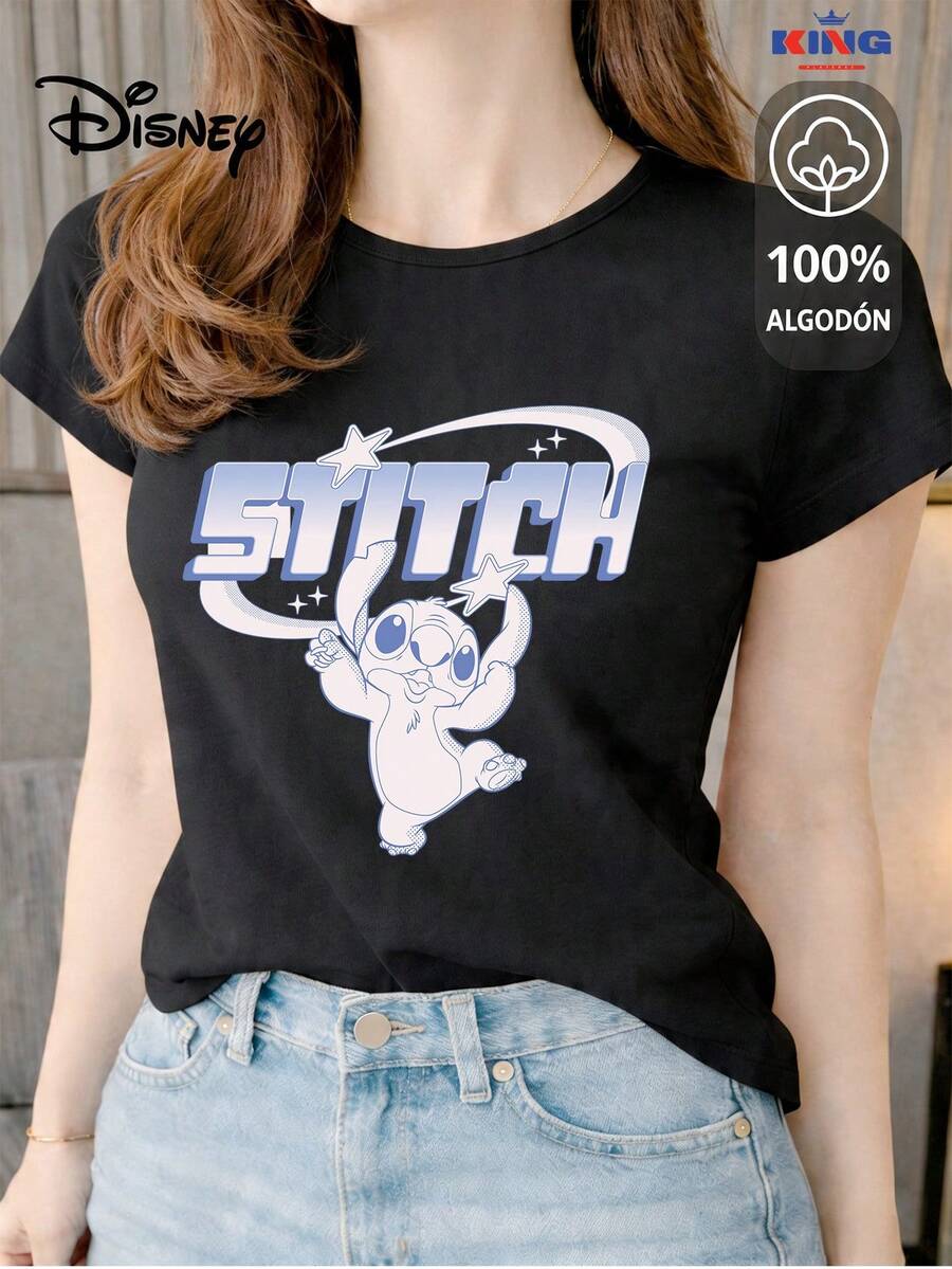 This 100% Cotton T-Shirt Is Of Excellent Quality, Guaranteeing Exceptional Softness To The Touch. It Features A Round Neck With A "Disney Stitch Retro Star Journey" Print And Short Sleeves. - 黑色 - 查看 1