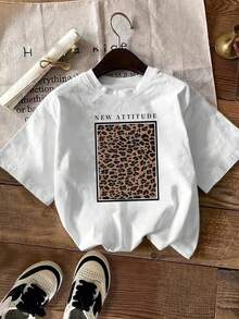 Plus Size, Leopard Print, New Summer T-Shirt For Women, Short Sleeve Top, Fashionable Casual Printed T-Shirt, Elegant Clothing For Women - 白色 - 查看 6