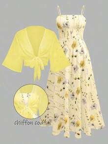 2 piezas Vestido de mujer de gasa con estampado floral y conjunto elegante y romántico para cita en verano y primavera - Multicolor 10 - Ver 4