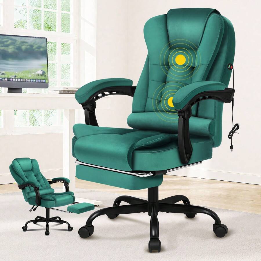 ALFORDSON Ergonomic Office Chair With Massage Function, Footrest And 150° Tilt, Velvet Executive Chair With SGS Gas Spring, Swivel Gaming Chair For Computer, Suede, Black - Green - View 1