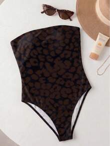 Women's Fashionable Summer Vacation Sexy Leopard Print Bandeau One-Piece Swimsuit Beach - Multicolor - View 3
