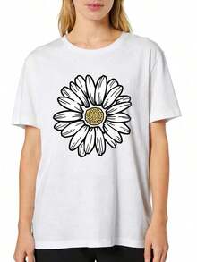 Women's Casual T-Shirt With Daisy Floral Print, Short Sleeve, Comfortable For Casual And Elegant Outfits, Lightweight And Breathable, Machine Washable, Regular Fit, Round Neck, 100% Cotton, Durable - 白色 - 查看 2
