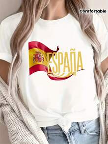 Pure Cotton Women's T-Shirt With Spanish Flag Print, Comfortable, Elegant Party Outfit, T-Shirt For Elegant Ladies, Blouses Suitable For Curvy Women, Prom Skirts, Casual Wear, Adorable Animal Print, Fun Letter Print - 白色 - 查看 7