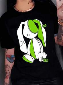 Abstract Rabbit In Shades Of Green And White Symbolizing Creativity And Youthful Energy On A Vibrant Background. Women's T-Shirt, 100% Cotton, Soft - 黑色 - 查看 7