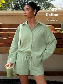 Conjunto de camisa tejida blanca y pantalones cortos de verano, nuevo y casual para vacaciones de mujer - Verde - Ver 7