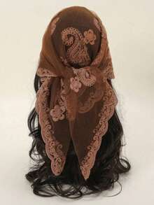 1pc Western Embroidered Bandana Scarf | Vintage Square Head Scarf For Women, Bohemian Hair Wrap, Cute Neck Accessory Gift - 棕色 - 查看 6
