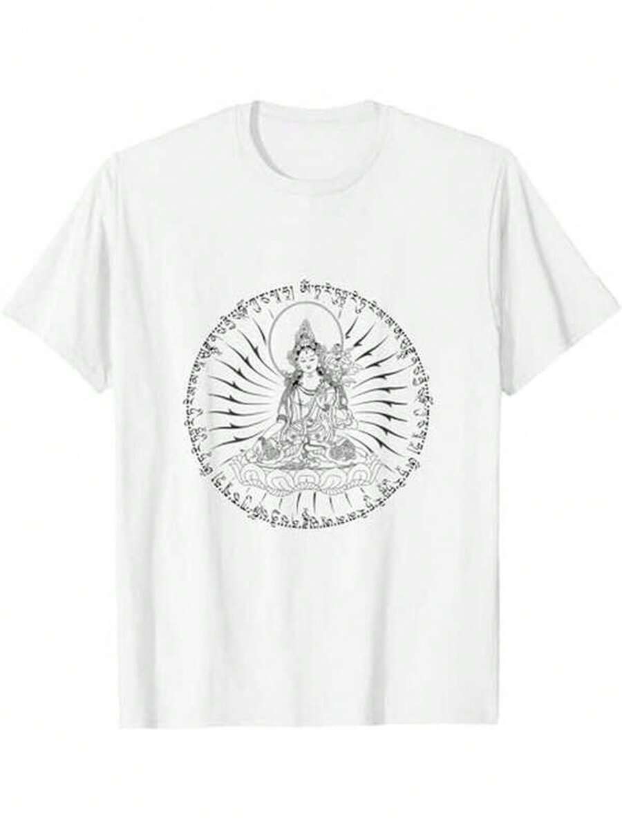 Camiseta de manga corta con cuello redondo y estampado para mujer Mandala de Buda con Escritura Sánscrita S-3XL moda, cómodo y transpirable unio lavable a máquina