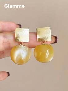 1 Pair Textured Gold Square Gradient Ball Drop Earrings, Vintage Elegant Style Earrings For Women, Versatile For Work, Date, Daily Wear - Green - View 5