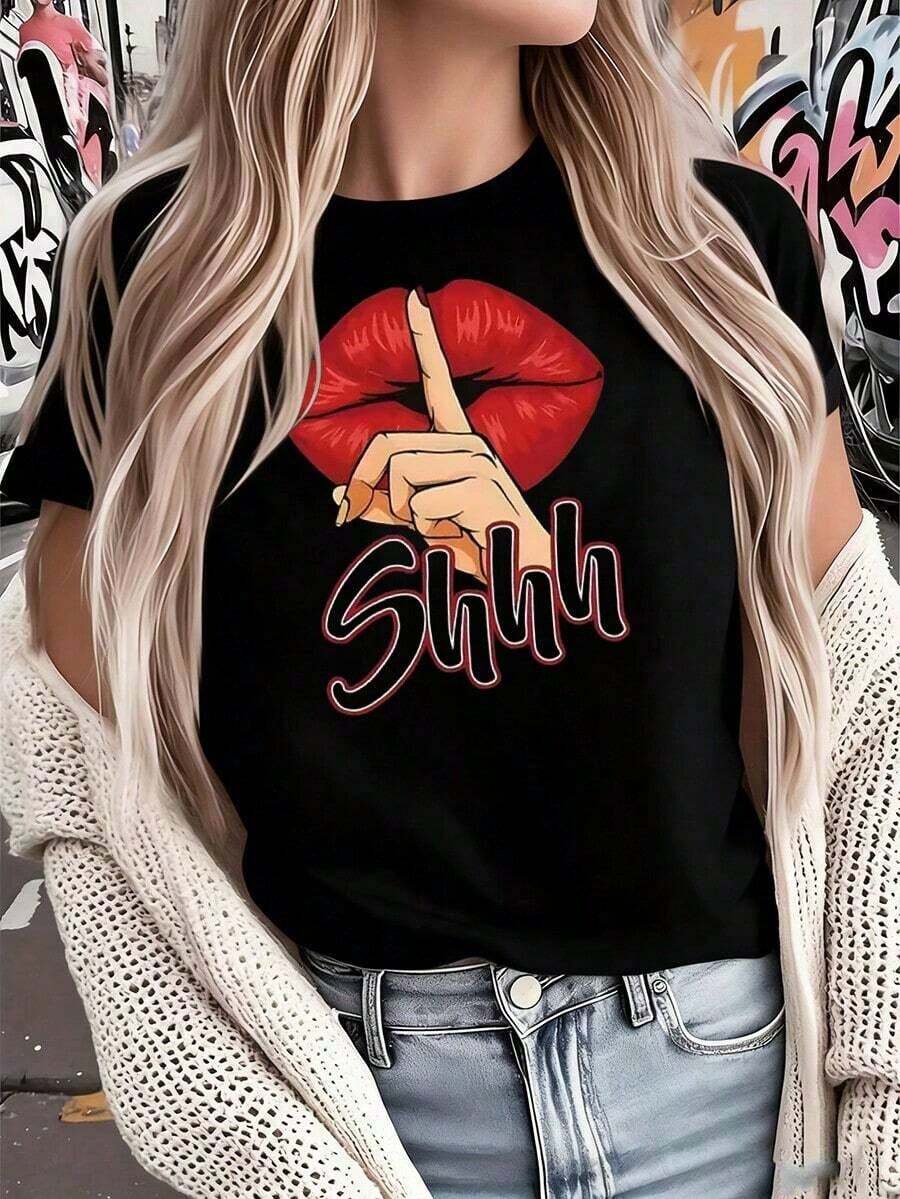 Cool Summer Casual T-Shirt With Red Lips Graphic Print, Loose Round Neck, Comfortable And Versatile, Anti-Pilling And Non-Fading, Suitable For Daily Wear, Sports And Leisure Activities, Perfect Gift For Father's Day And Mother's Day. - 黑色 - 查看 1