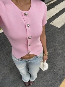 Cárdigan de punto con cuello redondo y botones con forma de corazón para mujer, primavera/verano, casual y elegante, ajustado y de longitud regular; Blusa rosa de manga corta para el Día de San Valentín, adecuada para uso diario en verano - Rosa Pálido - Ver 5